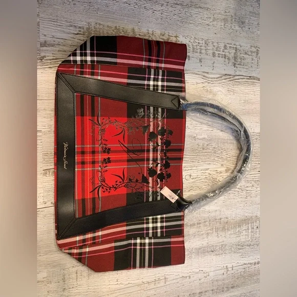 Victoria’s Secret plaid tartan floral red and black tote travel overnight bag - Picture 3 of 7
